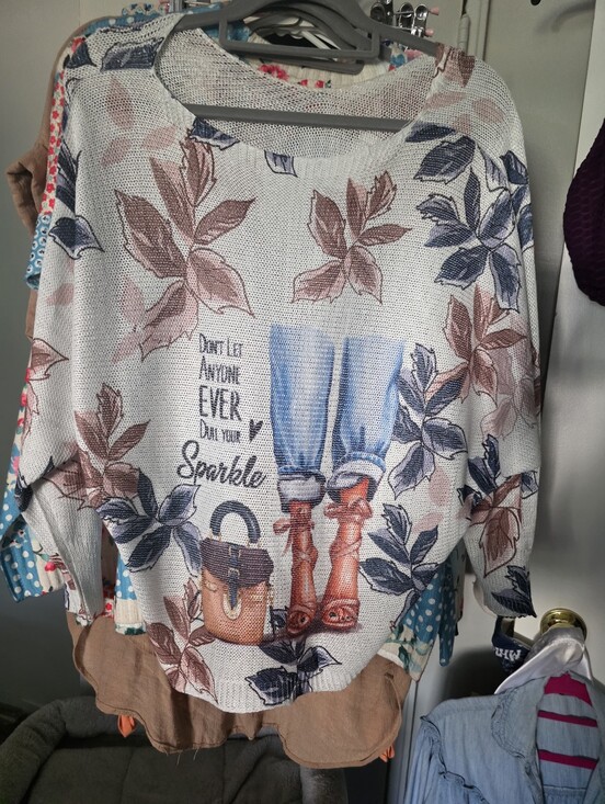 Tops - Cream Graphic Pullover Sweater with Blue and Brown Accents.sexy Inspirational